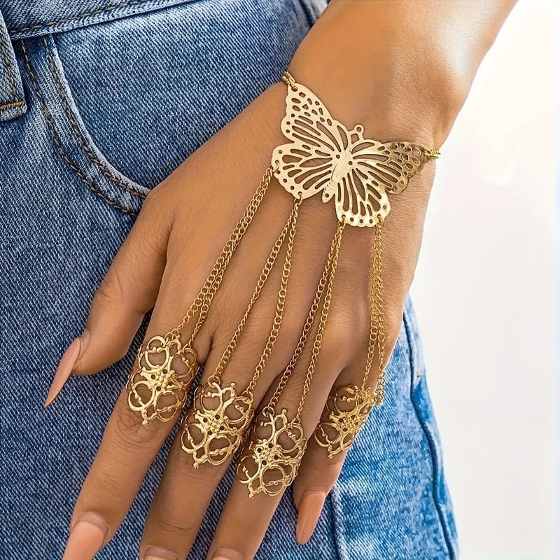Vintage Butterfly Cuff Bracelet with Ring Chain, Unplated Alloy Hand Chain Jewelry, Hollow Design for Daily Wear - Single Piece